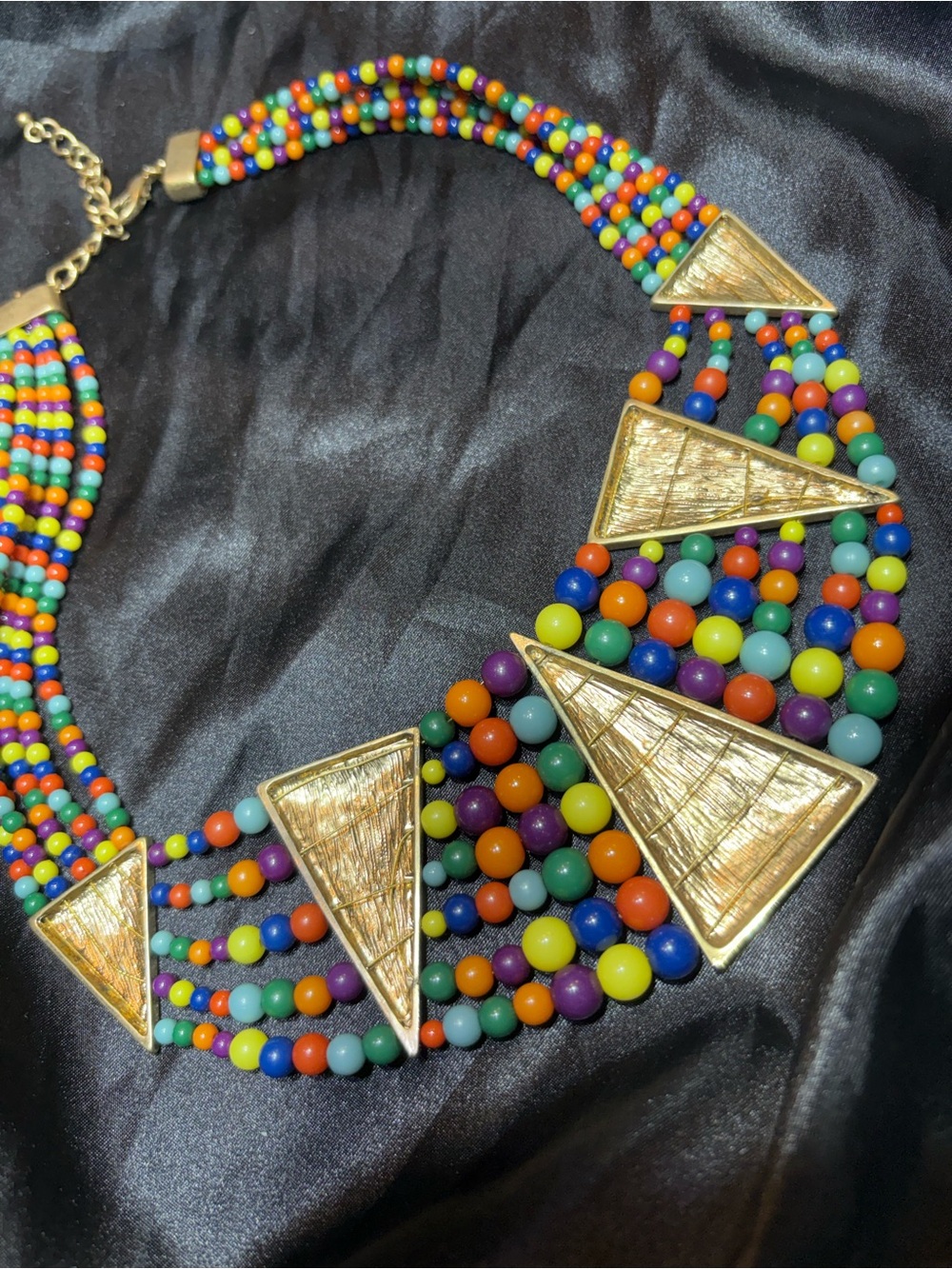 Vintage Multi-Strand Colorful Bead Gold Toned Geometric Statement Necklace - Picture 2 of 4